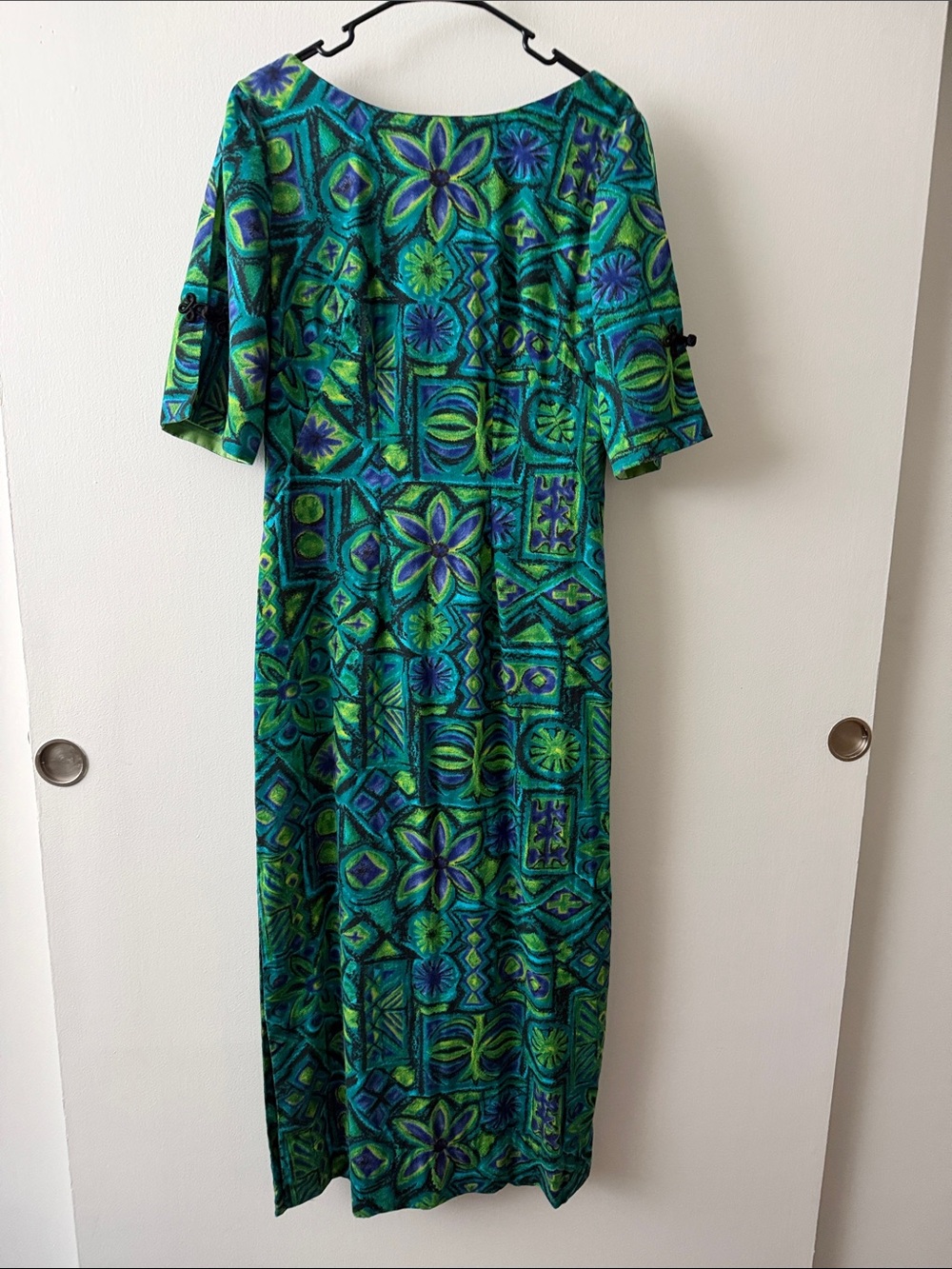 Vintage Green & Blue Printed Maxi Hawaiian Dress
